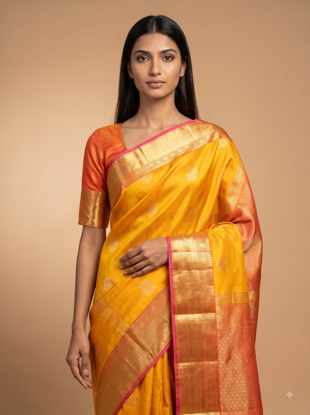 Mustard Orange Kanjeevaram Silk Saree with Red Gold Border