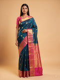 Teal Blue Kanjeevaram Silk Saree with Magenta Gold Zari
