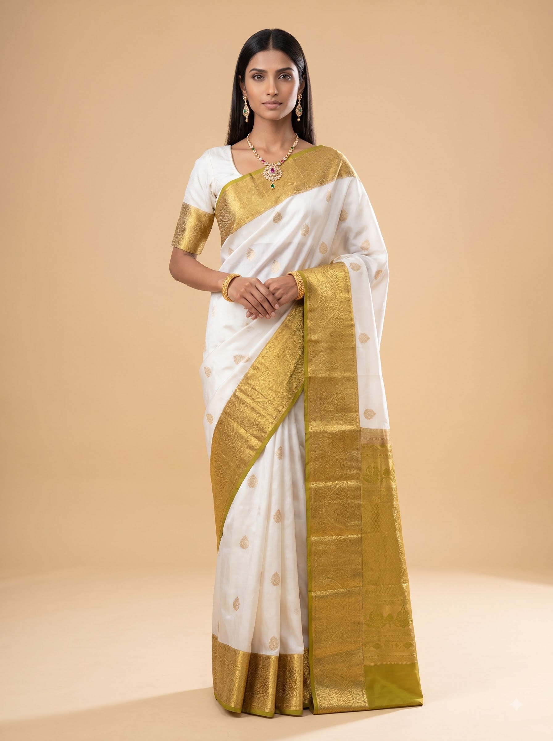 Ivory & Olive Green Jacquard Zari Saree with Antique Gold Pallu
