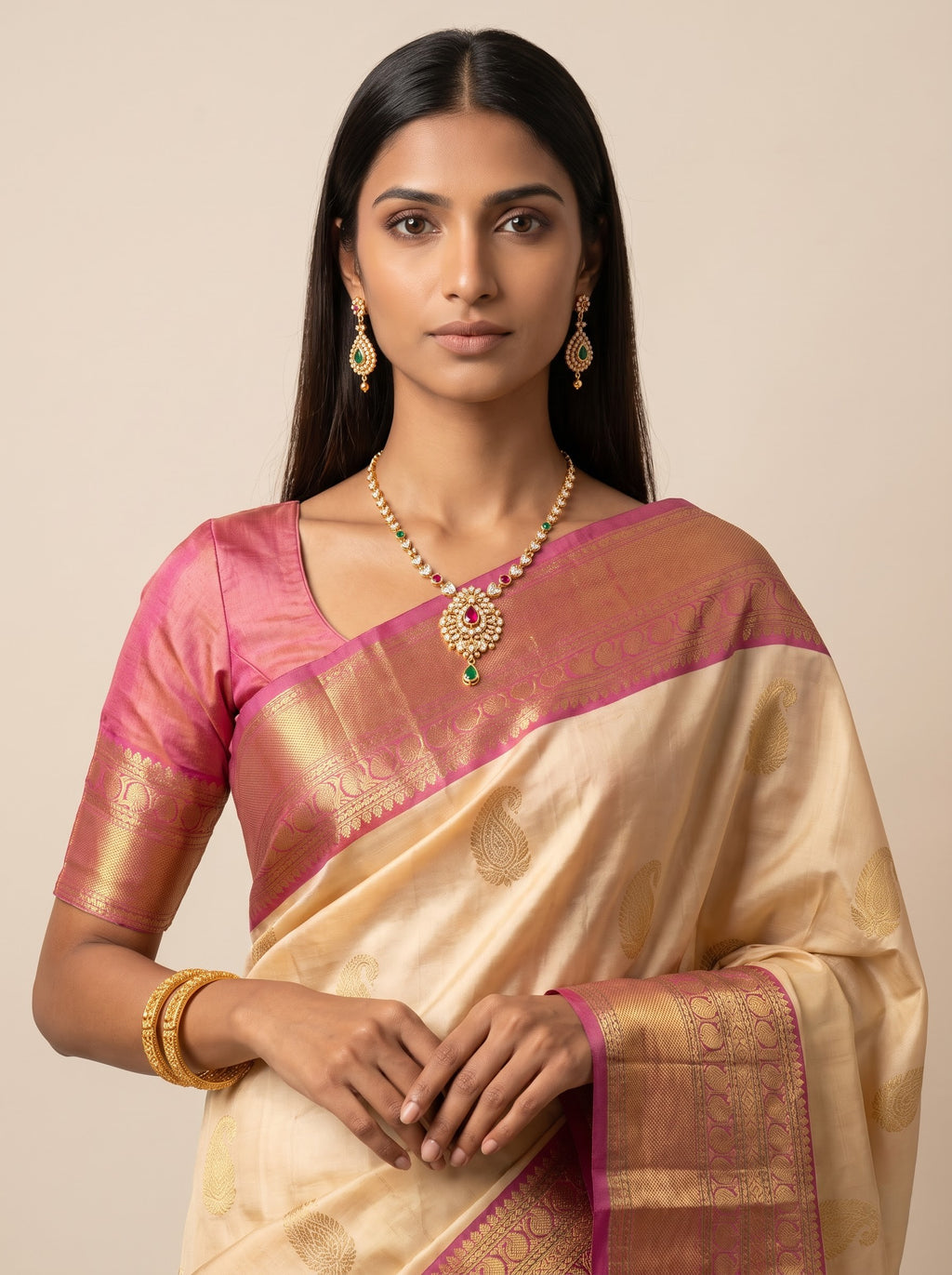 Beige Purple Peacock Silk Saree