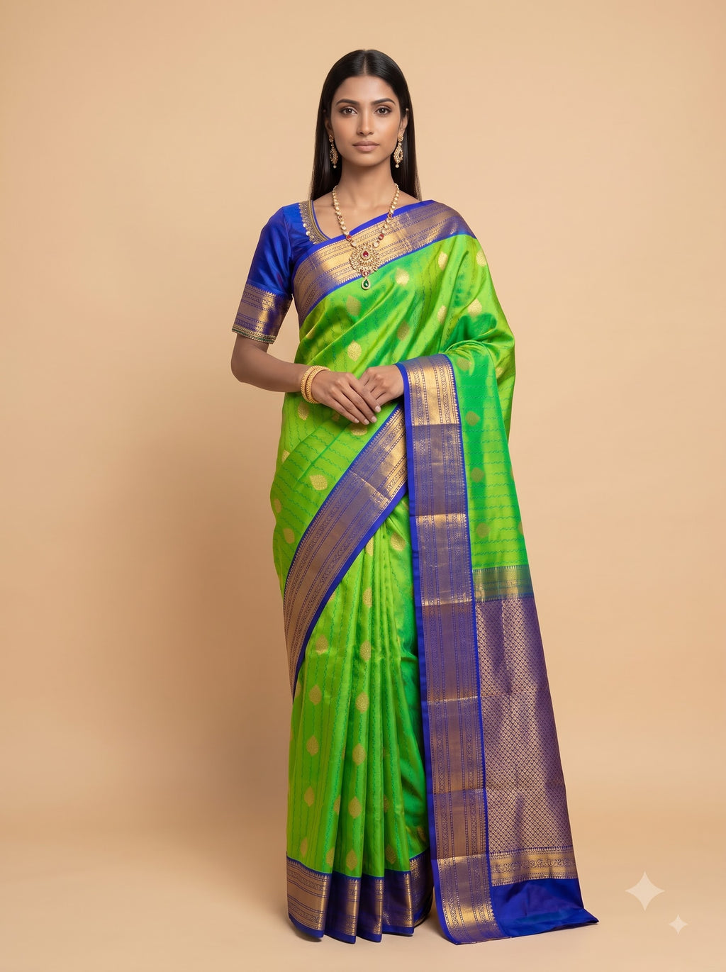 Lime Green Silk Saree with Royal Blue Zari Border