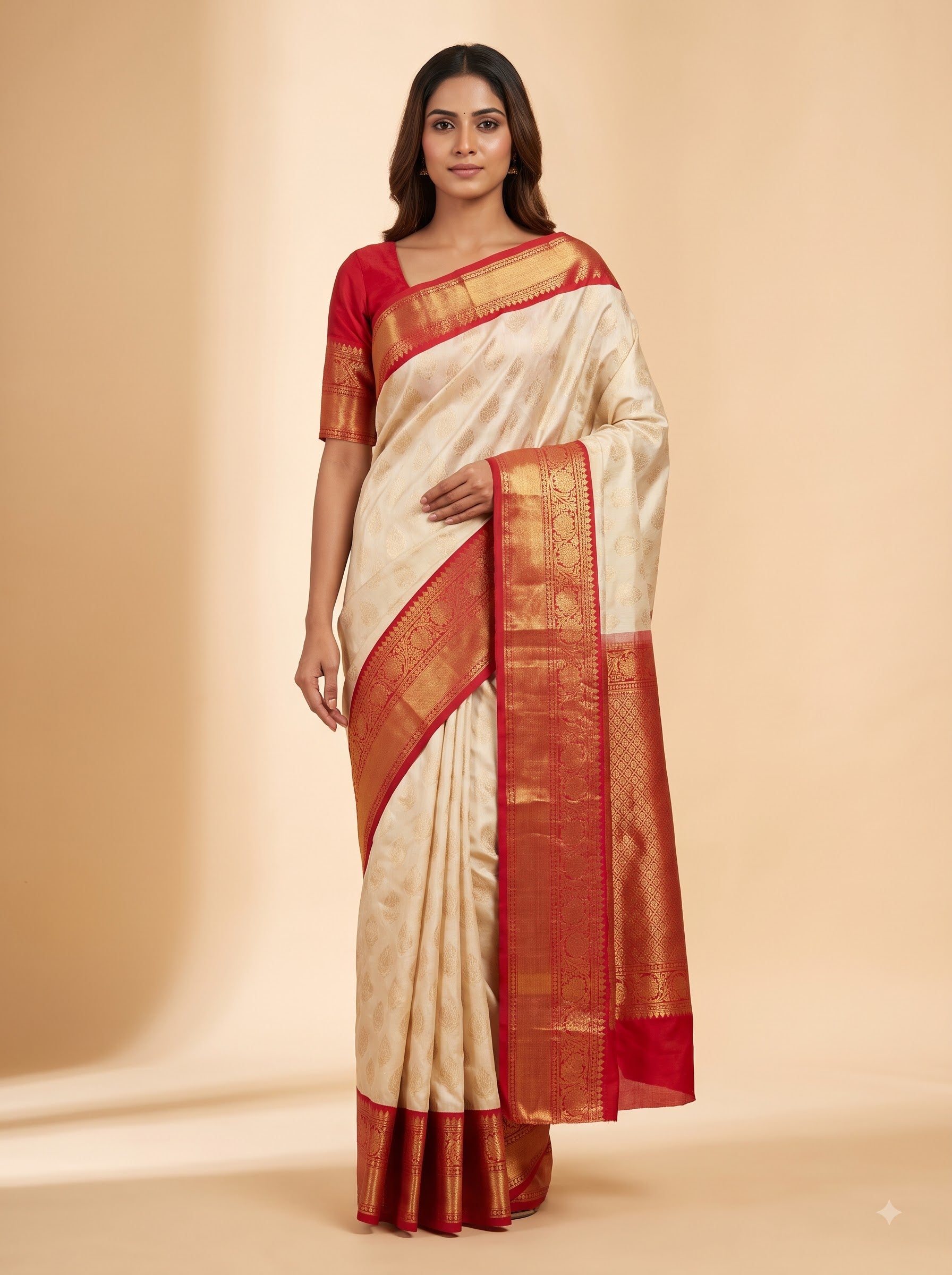 Bright Red Kanjeevaram Silk with Antique Gold Border