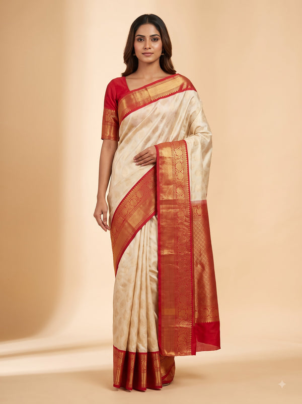 Bright Red Kanjeevaram Silk with Antique Gold Border