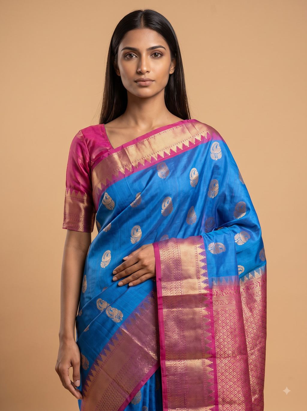 Peacock Blue Kanjeevaram Silk Saree with Magenta Zari Border