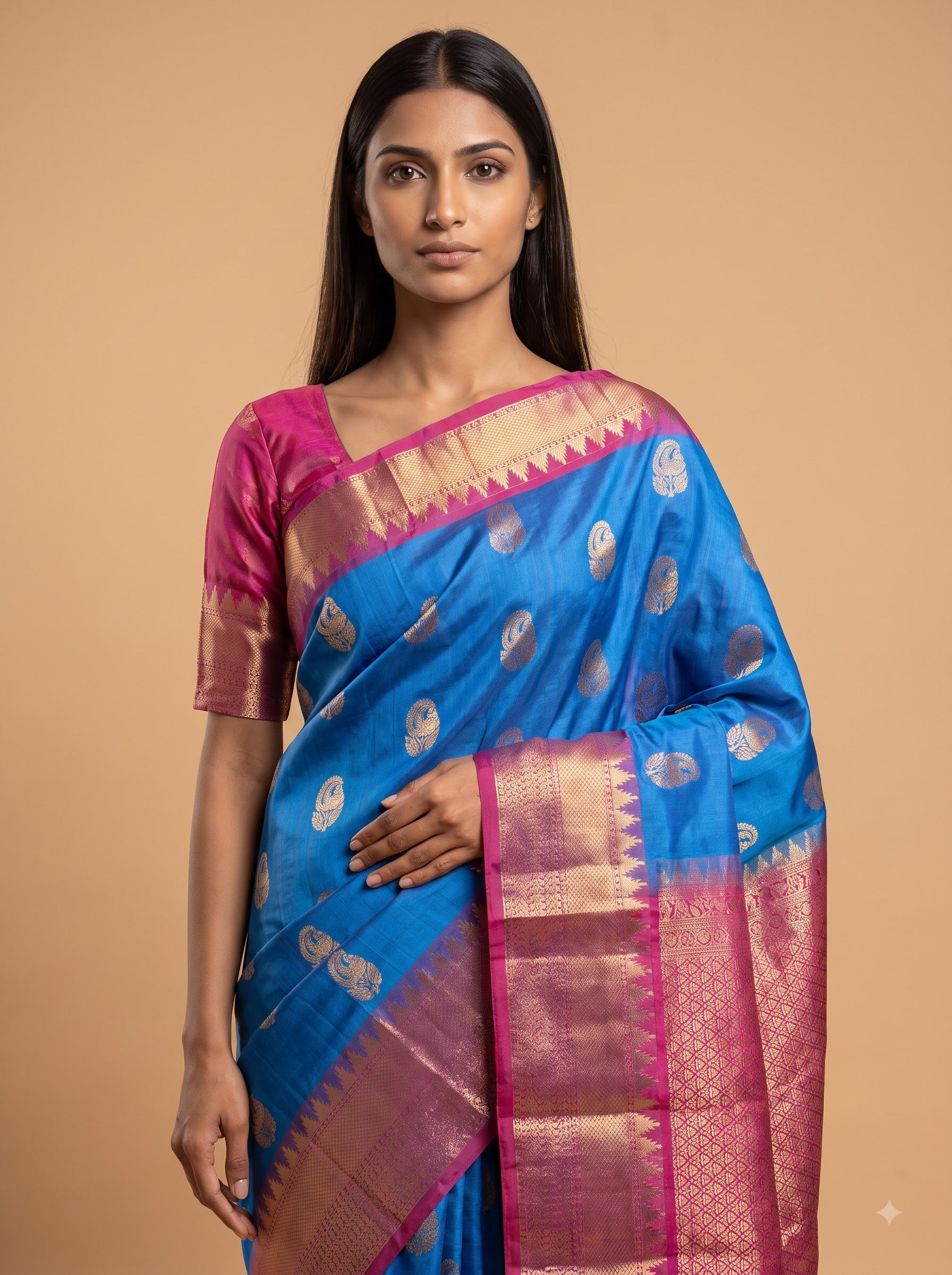 Peacock Blue Kanjeevaram Silk Saree with Magenta Zari Border