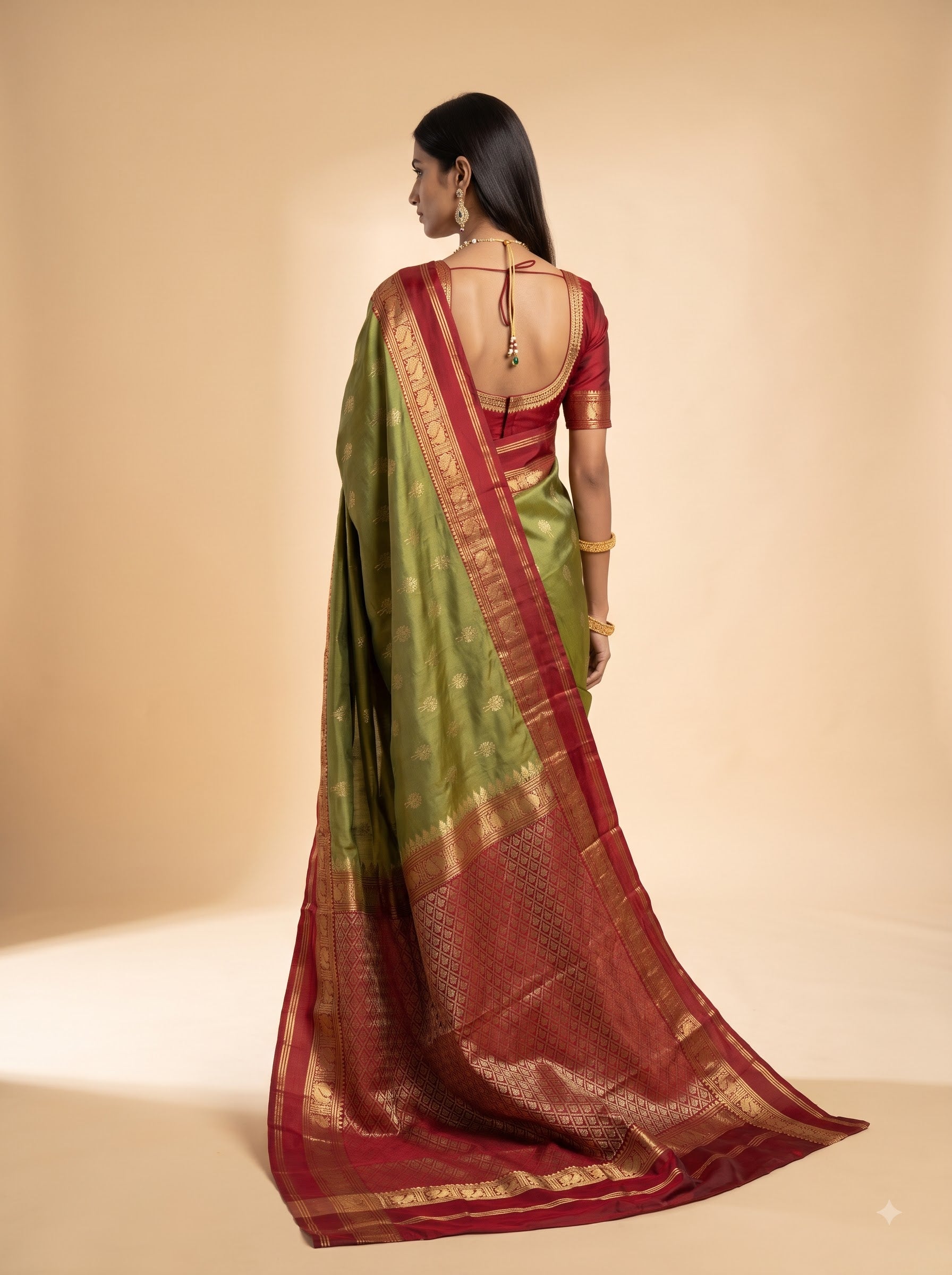 Olive Green Maroon Cotton Silk Saree