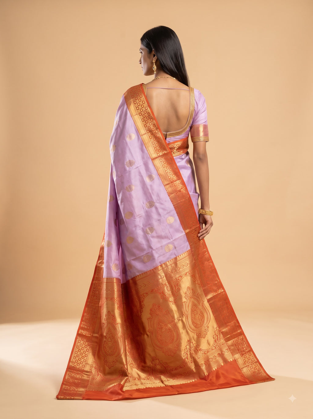 Lavender & Rust Orange Floral Zari Silk Saree