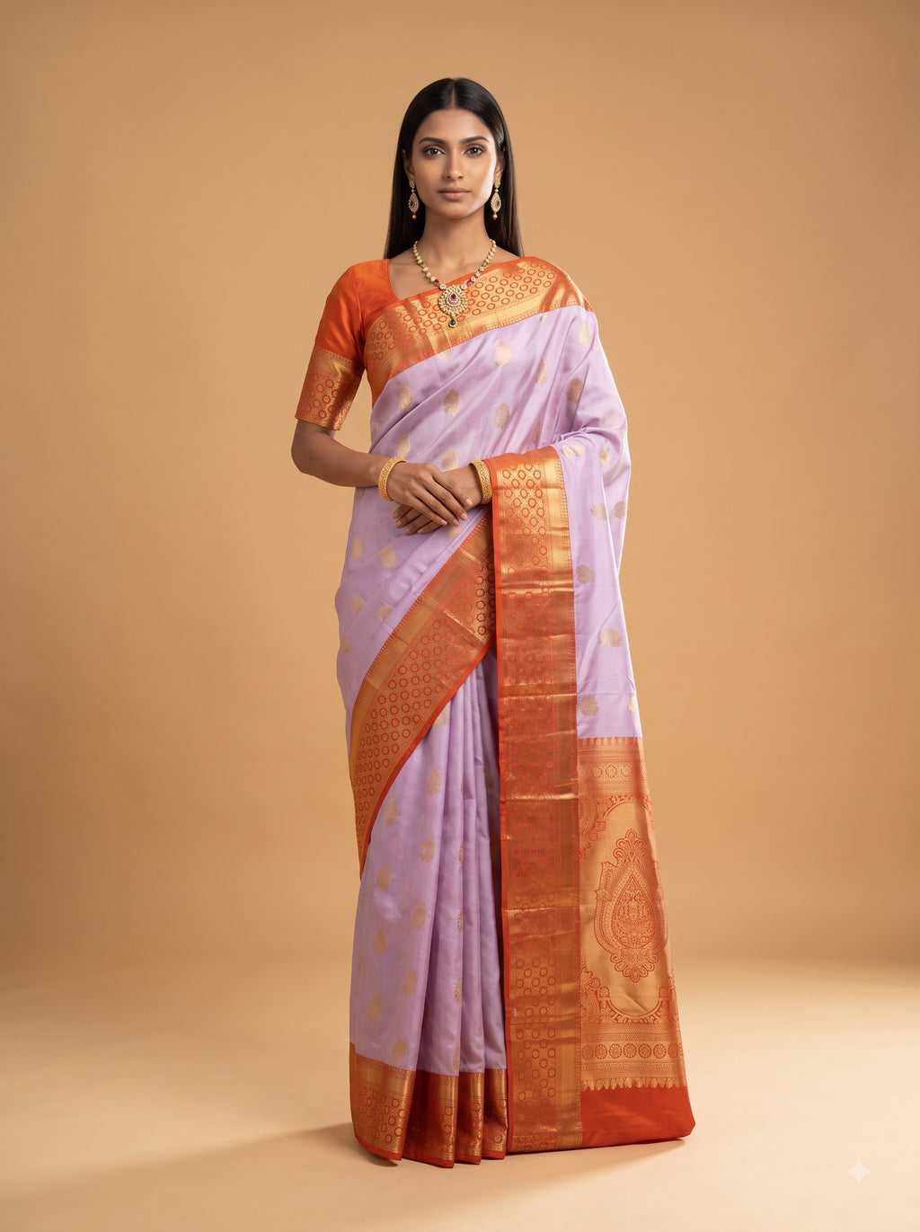 Lavender & Rust Orange Floral Zari Silk Saree