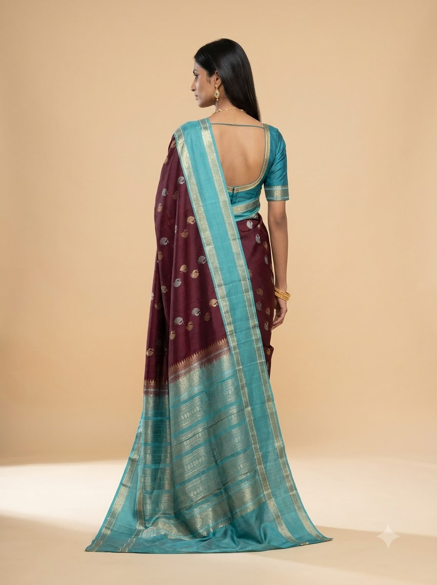 Maroon Teal Peacock  Kanjeevaram Silk Saree