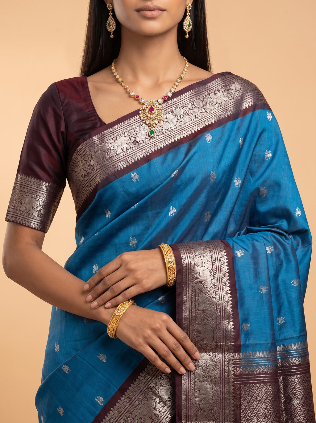 Bright Peacock Blue Kanjeevaram silk with animal motif