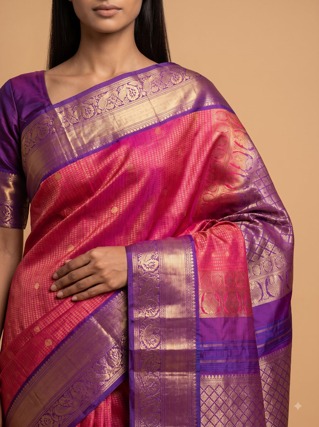 Bright Pink Kanjeevaram Silk with Royal Purple Border