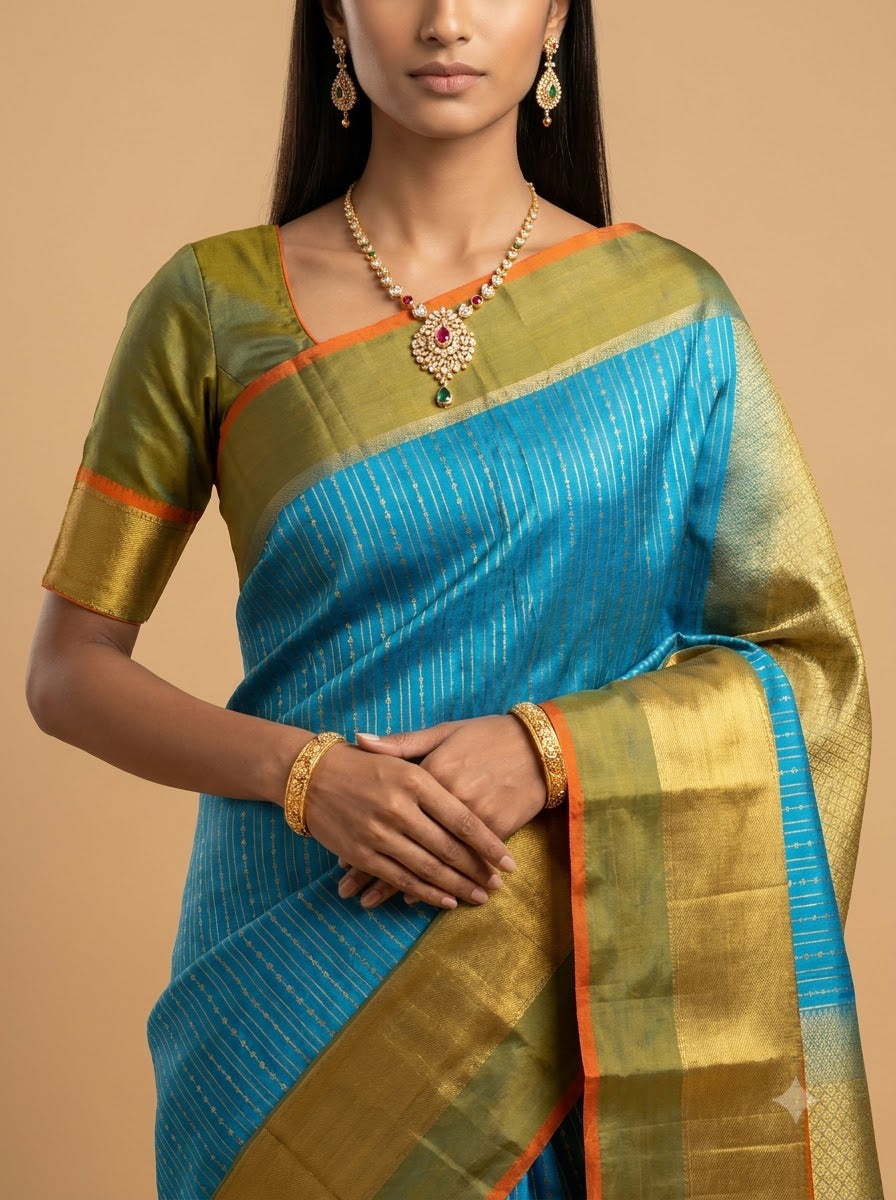 Turquoise Blue Kanjeevaram Silk Saree with Gold Zari Border