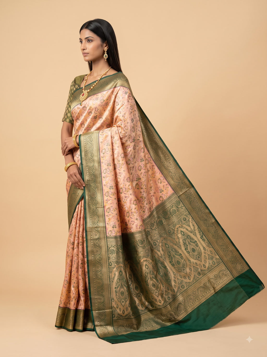Dual Tone Cream & Yellow color Tissue Saree with Green Border