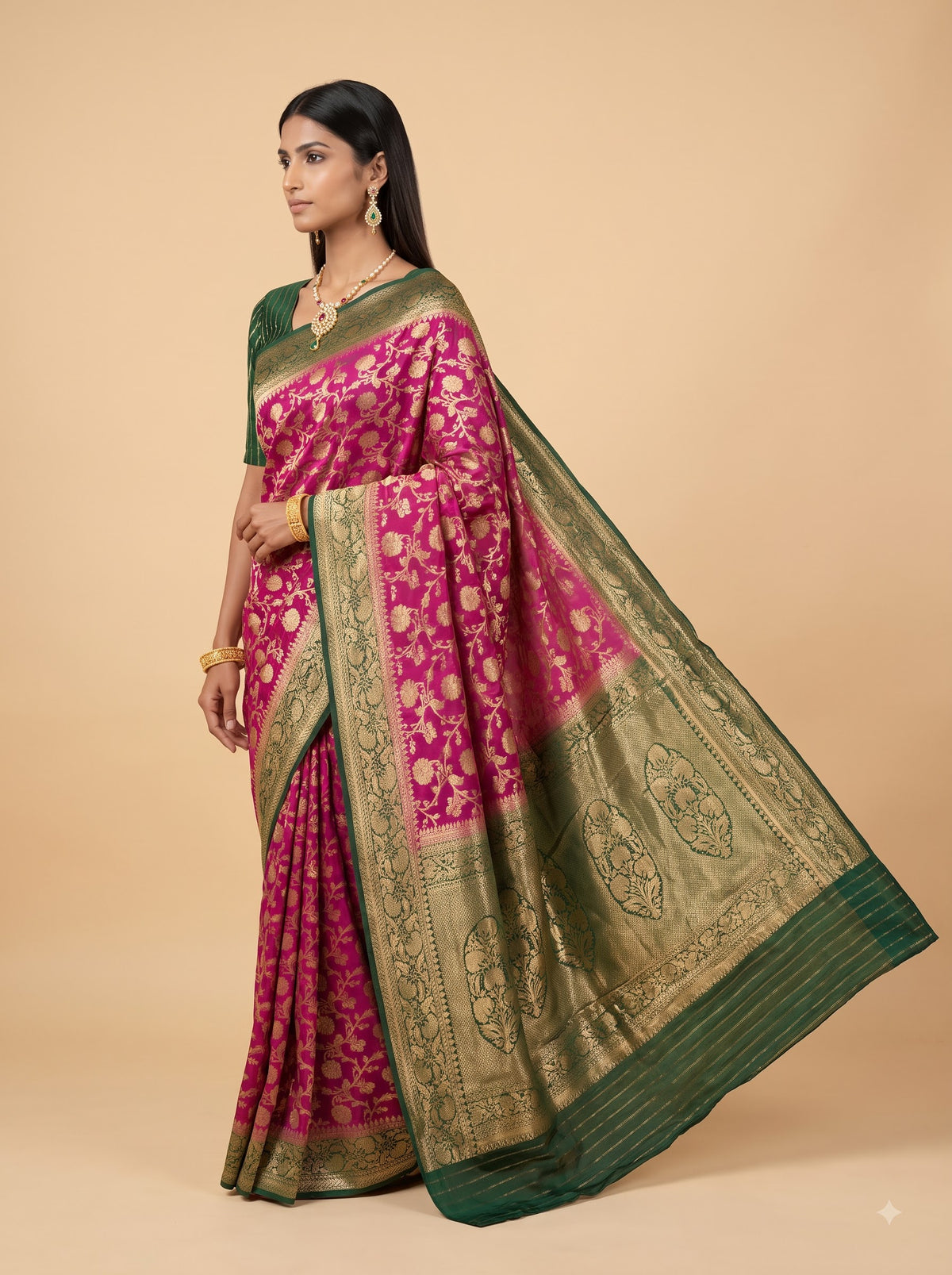 Magenta & Bottle Green Georgette Saree With Floral Zari Jaal Weave