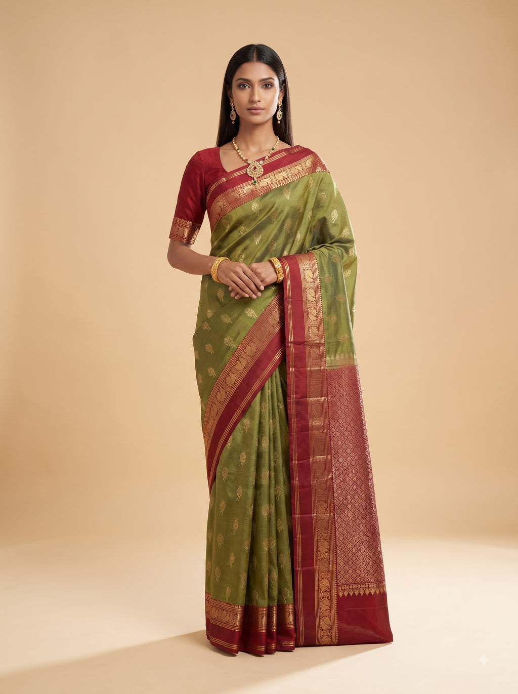 Olive Green Maroon Cotton Silk Saree
