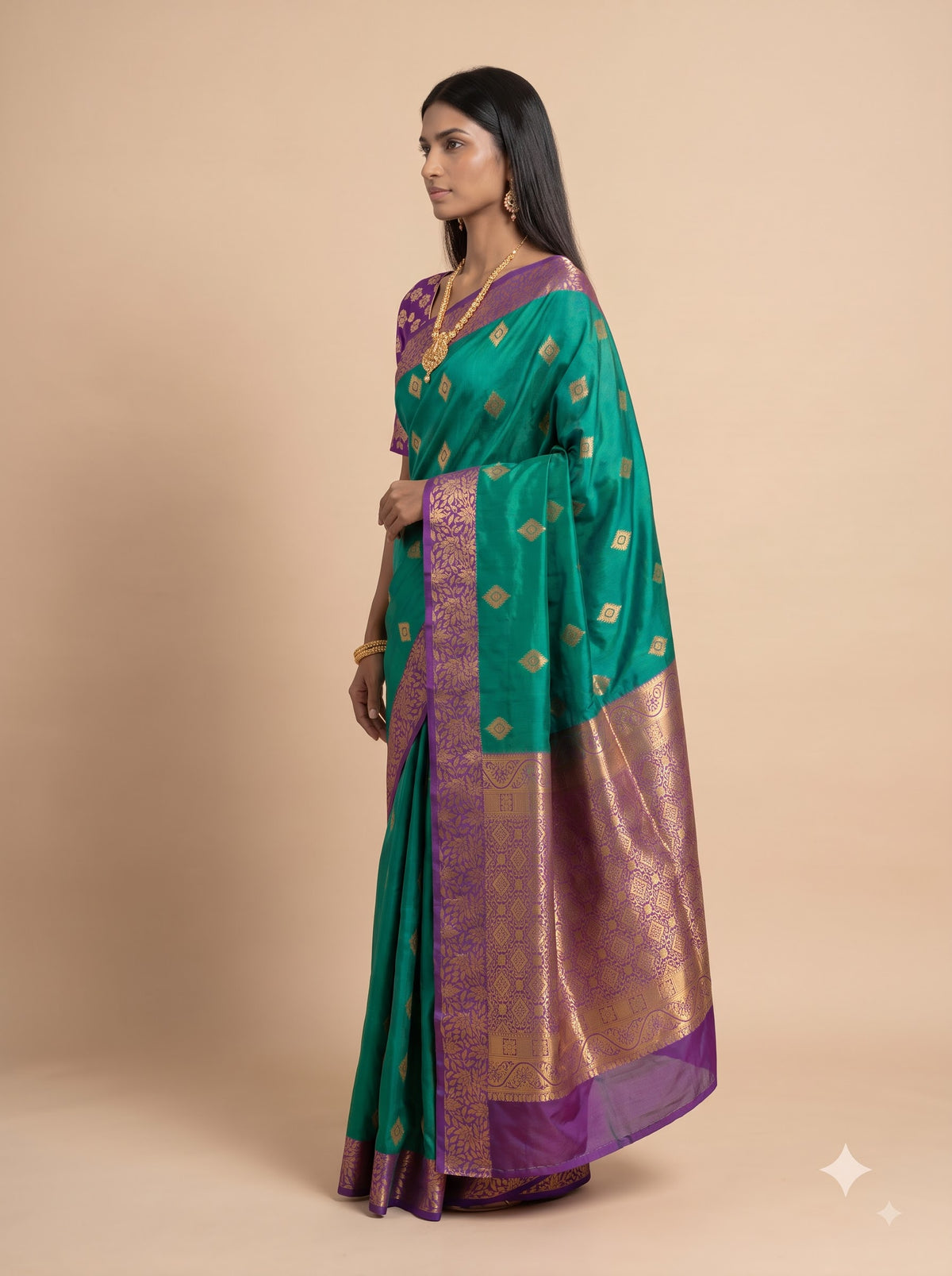 Green and Purple Gold Zari Woven Semi Silk Saree