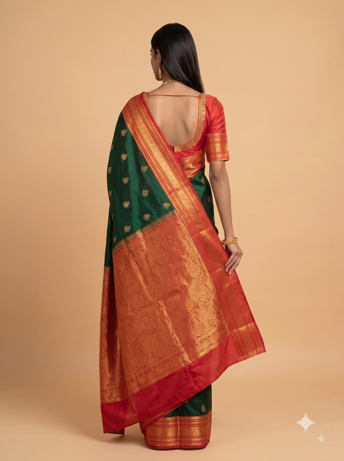 Bottle Green Silk Saree with Maroon Zari Border and Traditional Pallu