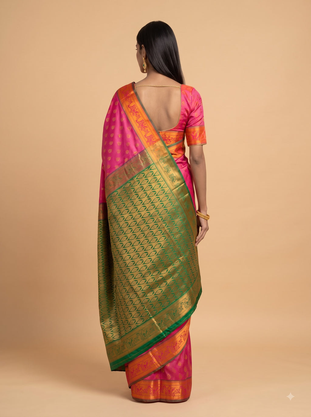 Pink and Green Gold Zari Woven Semi Silk Saree