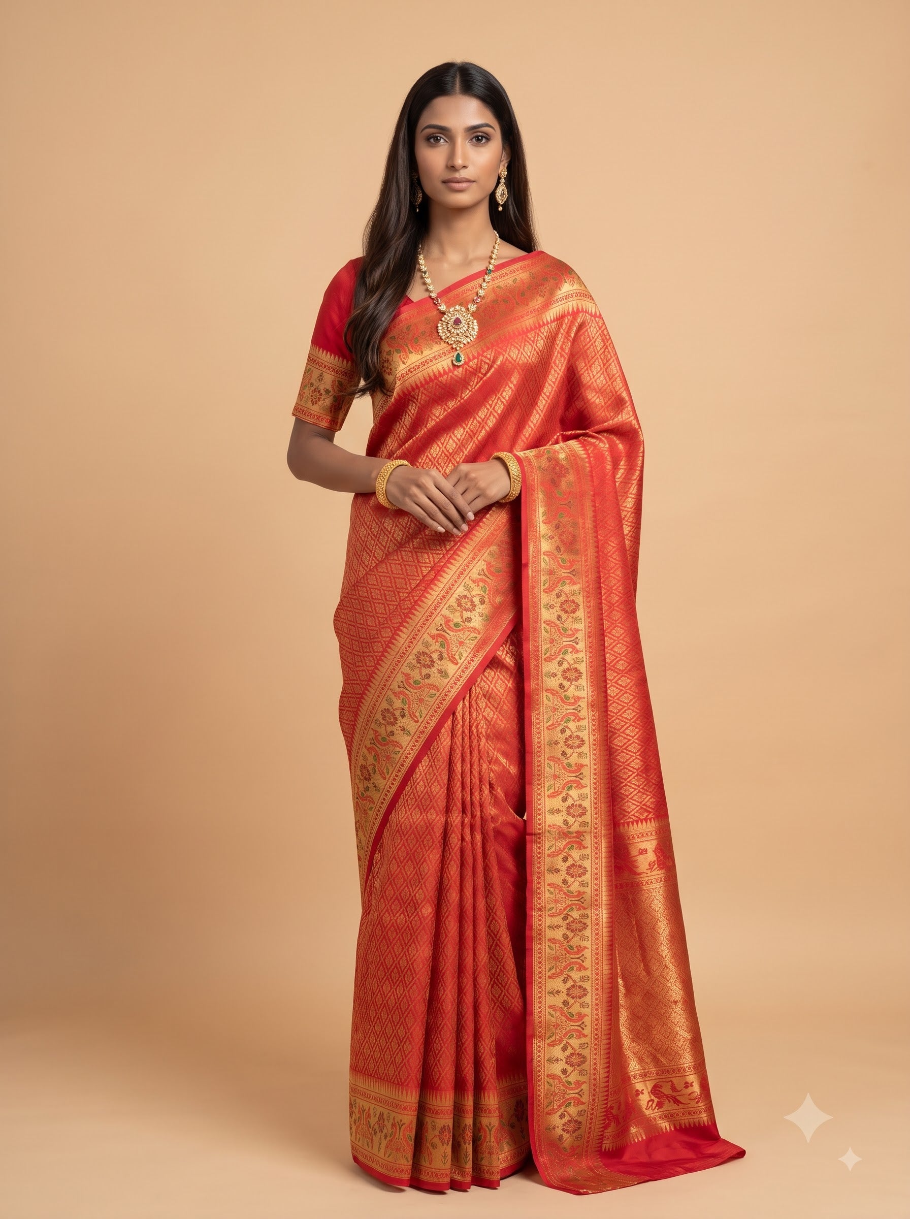 Bright Crimson Red and Antique Gold Zari Woven Silk Saree