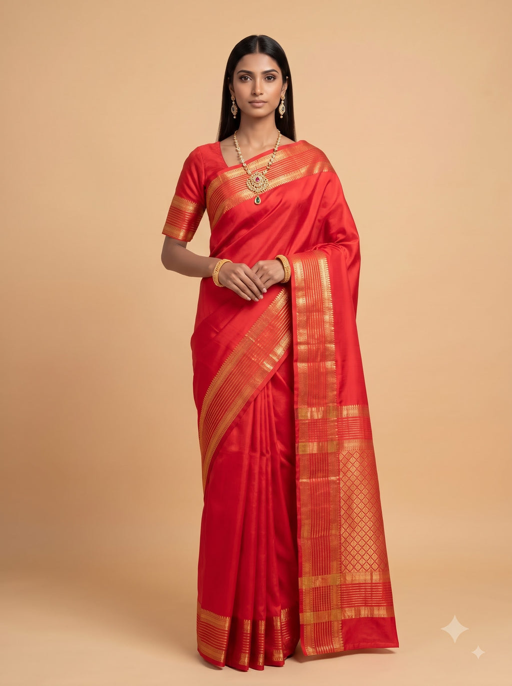 Crimson Red Silk Saree with Gold Zari Striped Pallu