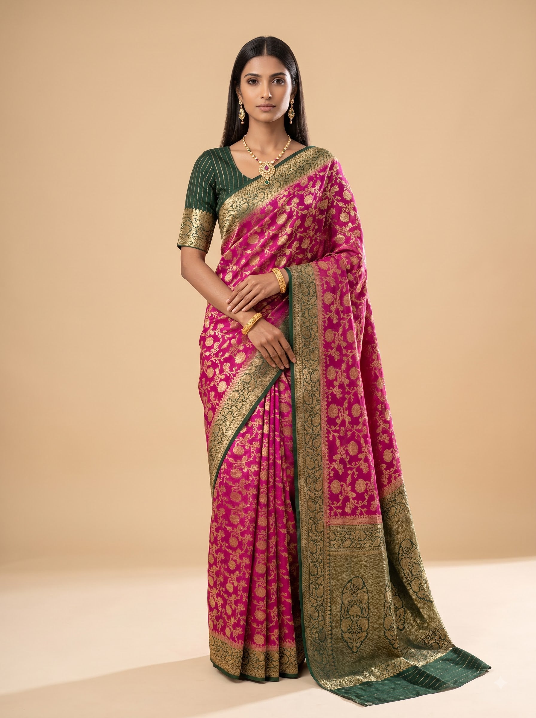 Magenta & Bottle Green Georgette Saree With Floral Zari Jaal Weave