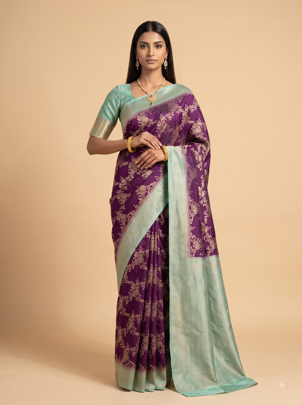 Deep Purple & Mint Green Tissue Saree With Floral Zari Weave with Contrast Border