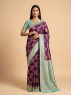 Deep Purple & Mint Green Tissue Saree With Floral Zari Weave with Contrast Border