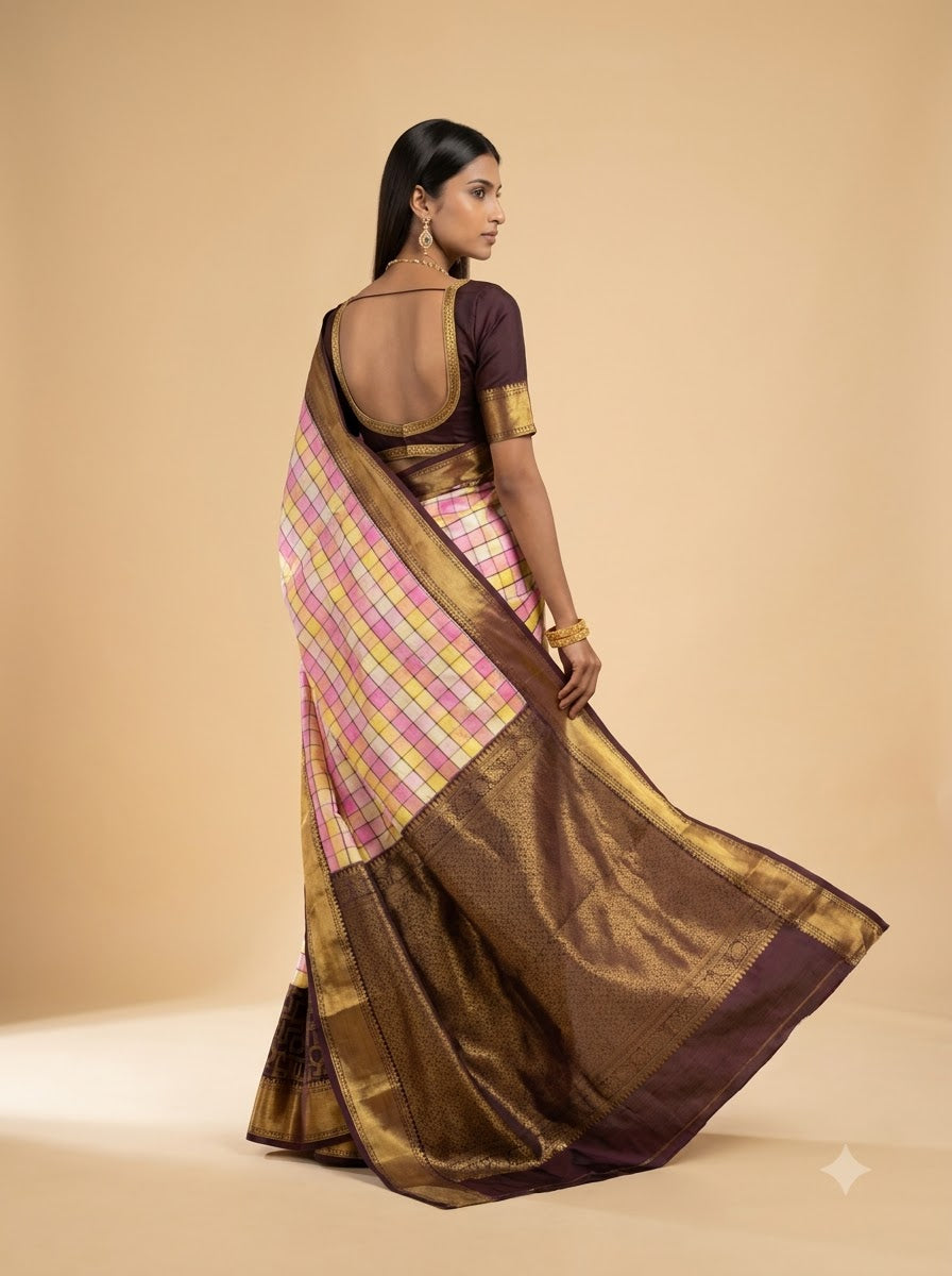 Multicolor Checks Celebrity Purple Silk Saree