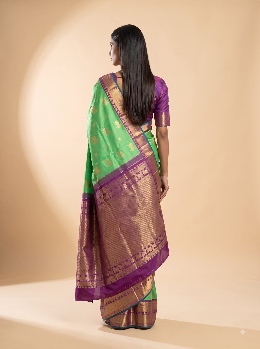 Parrot Green Kanjeevaram Silk Saree with Purple Zari Border & Elephant Motifs