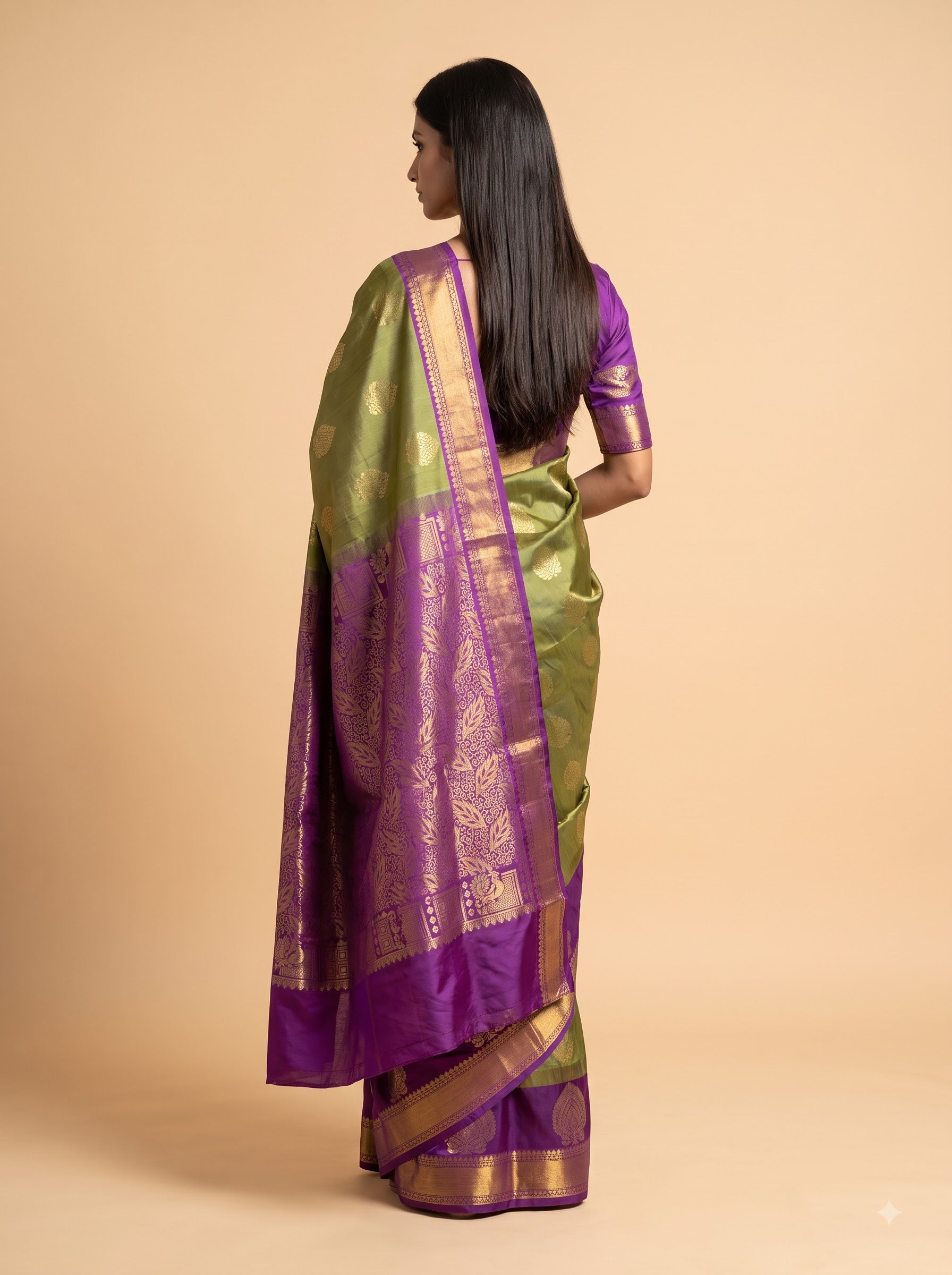 Pastel Green Kanjeevaram Silk Saree with Purple Pallu & Antique Gold Zari Border