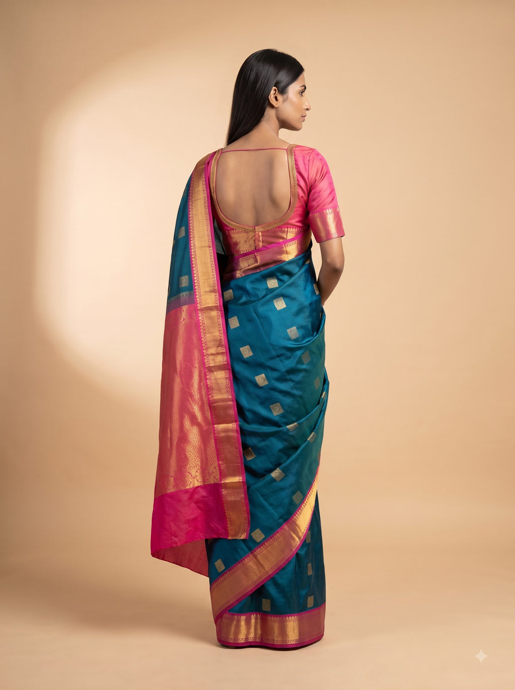 Teal Blue Kanjeevaram Silk Saree with Magenta Gold Zari