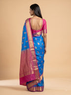 Peacock Blue Kanjeevaram Silk Saree with Magenta Zari Border