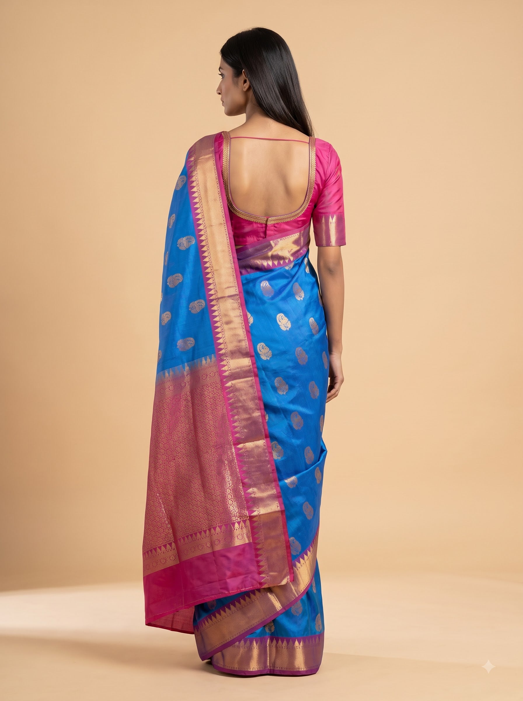 Peacock Blue Kanjeevaram Silk Saree with Magenta Zari Border