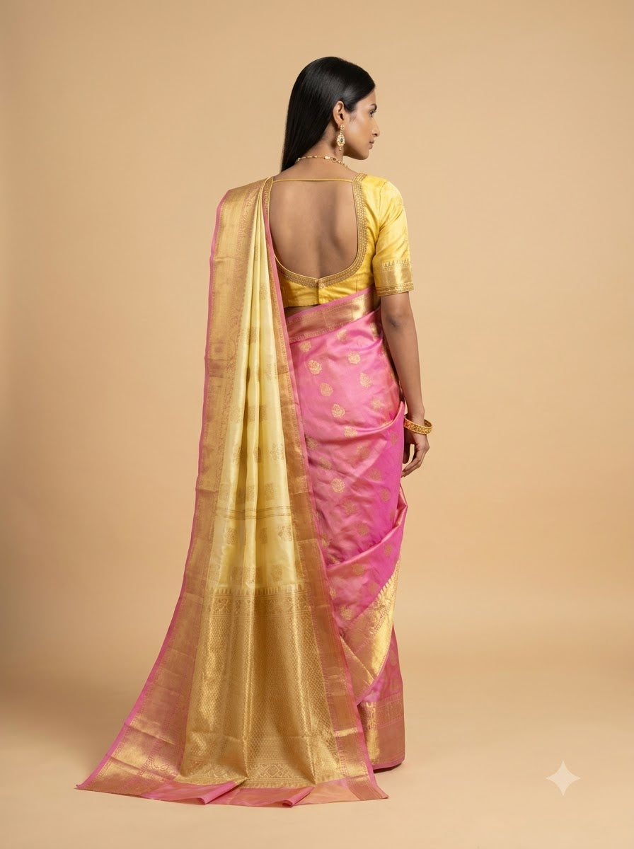 Soft Cream Kanjeevaram Silk Saree with Rose Pink Border