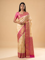 Beige Purple Peacock Silk Saree