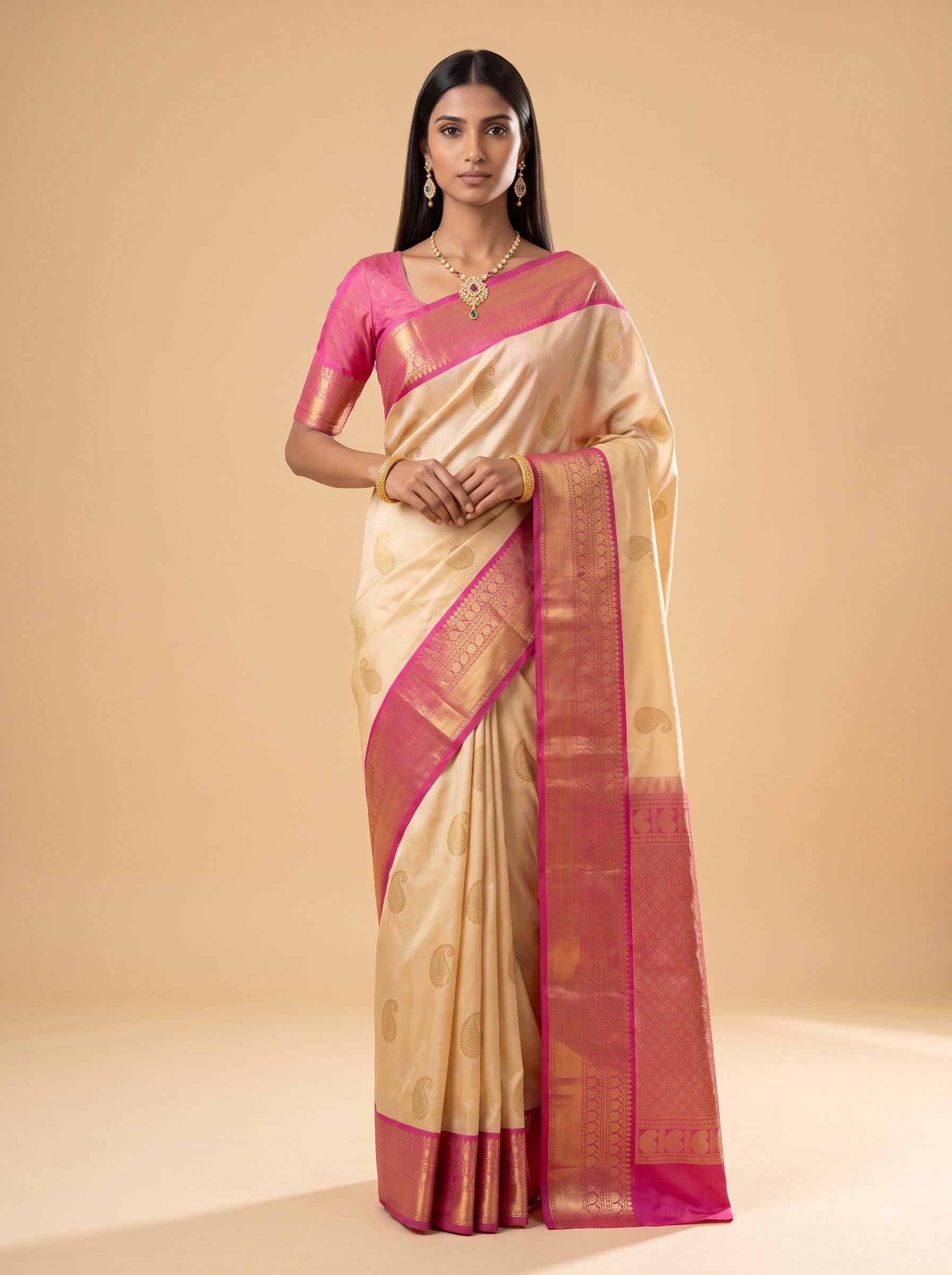 Beige Purple Peacock Silk Saree