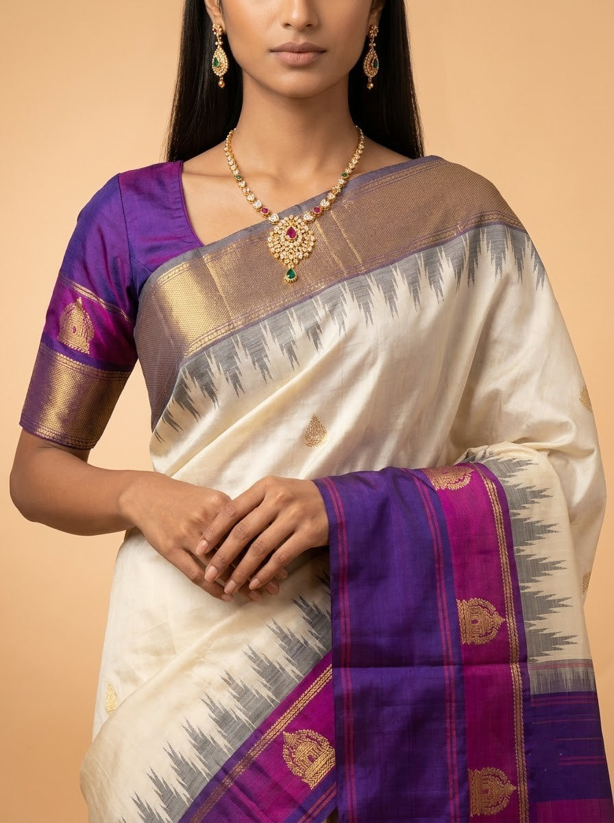 Cream & Purple Geometric Kanjeevaram Silk Saree