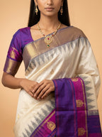 Cream & Purple Geometric Kanjeevaram Silk Saree