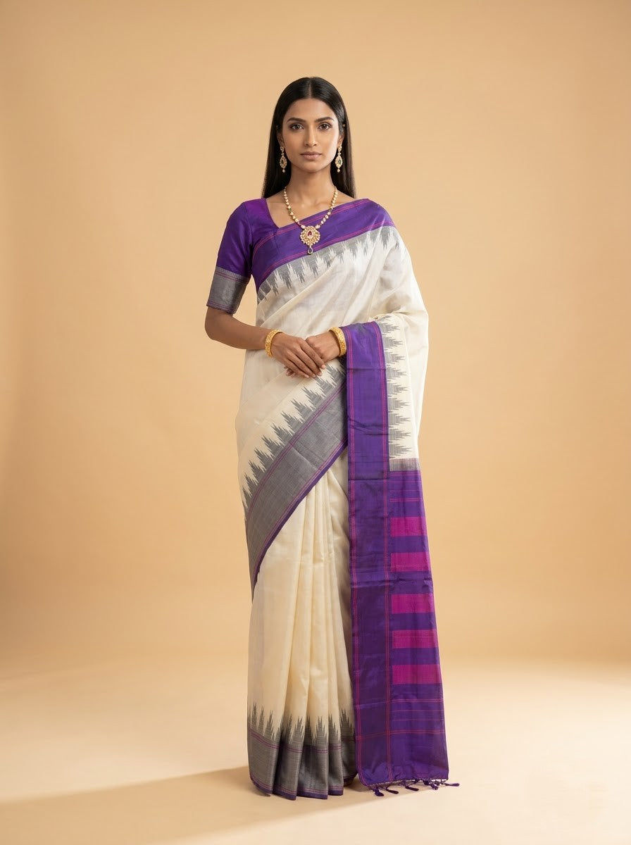 Cream & Purple Geometric Kanjeevaram Silk Saree