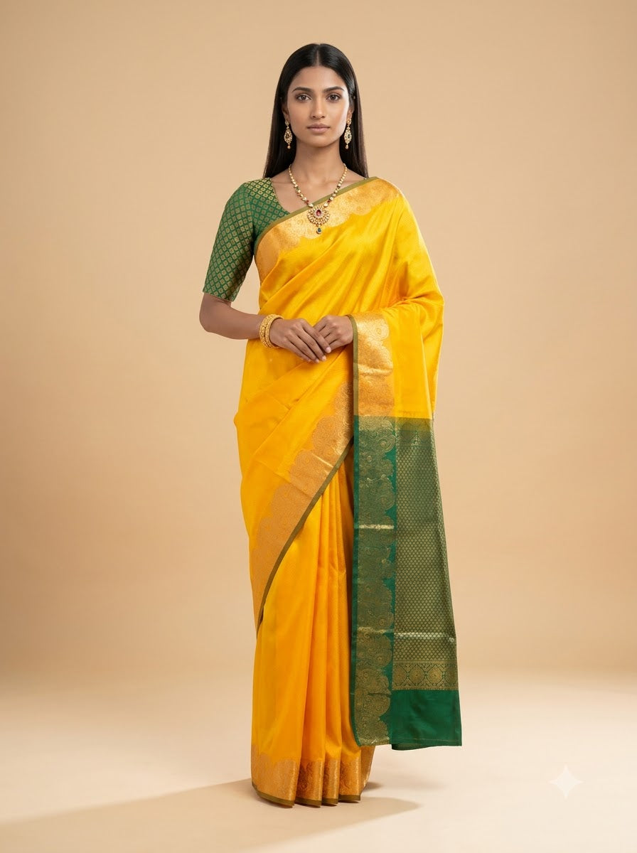 Orange Green Floral Zari Silk Saree