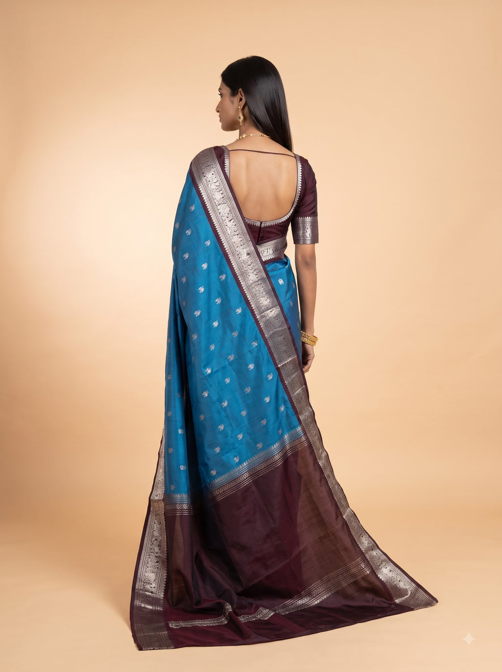 Bright Peacock Blue Kanjeevaram silk with animal motif