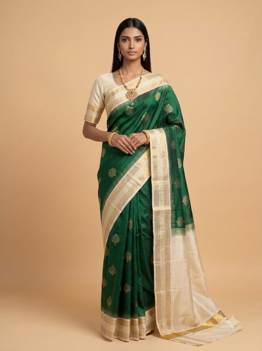 Bottle Green Silk Saree with Cream Gold Zari Pallu