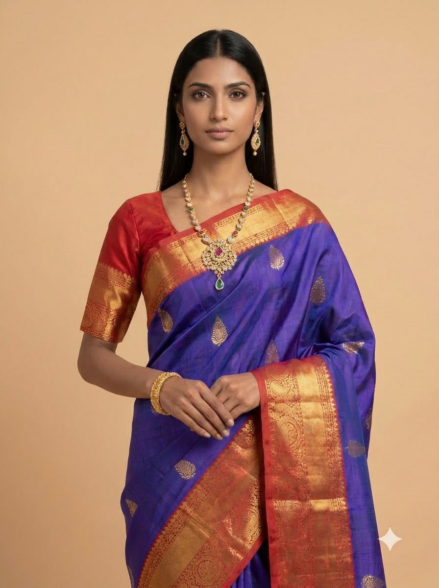 Royal Purple Silk Saree with Antique Gold Paisley Pallu