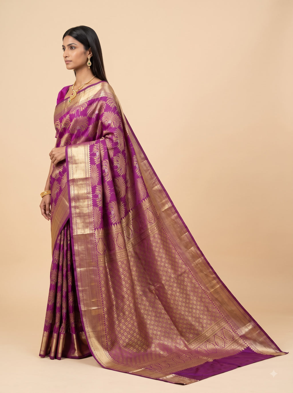 Pureple Brocade Silk with Silver Zari Design Big Border