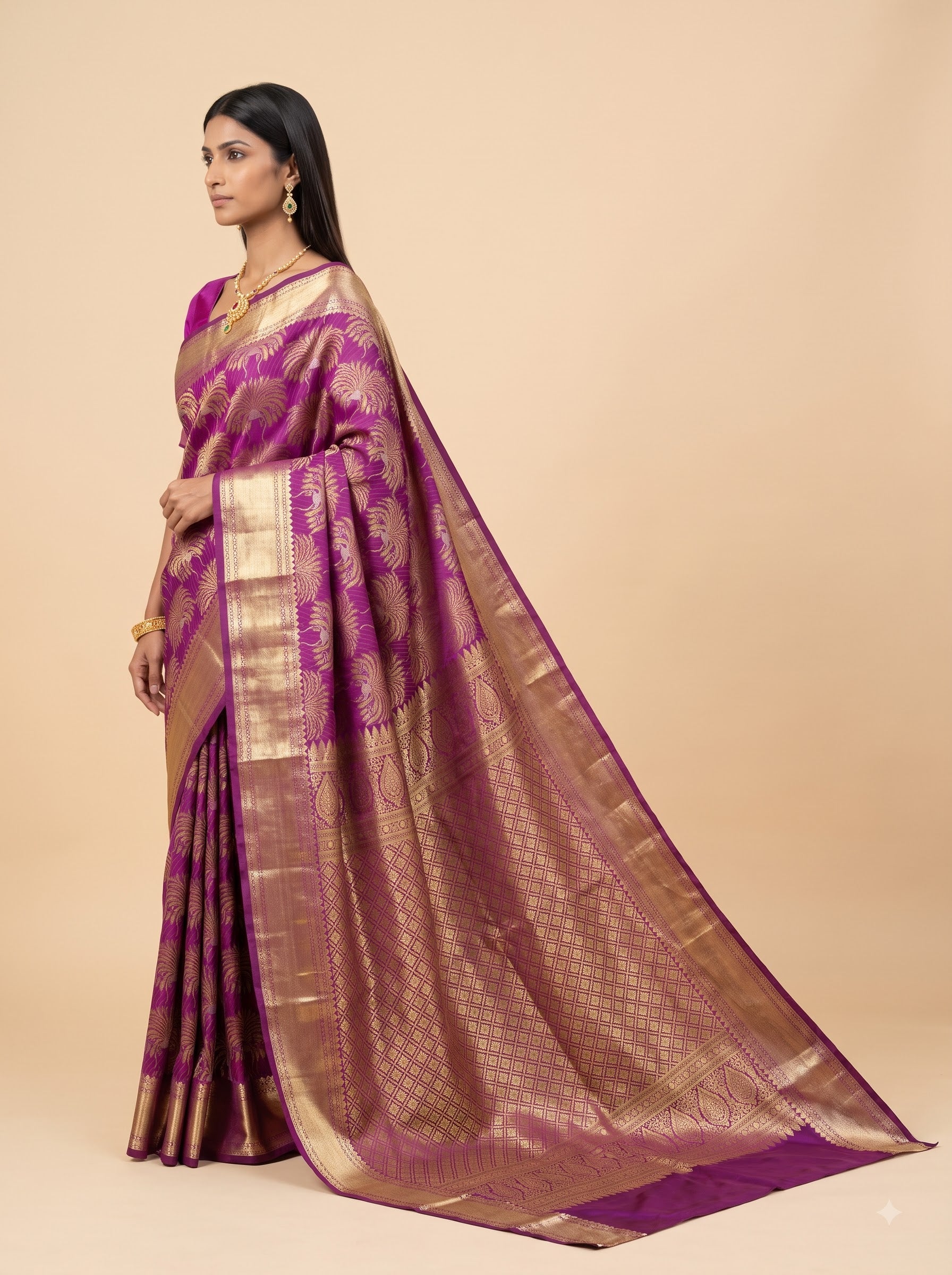 Pureple Brocade Silk with Silver Zari Design Big Border
