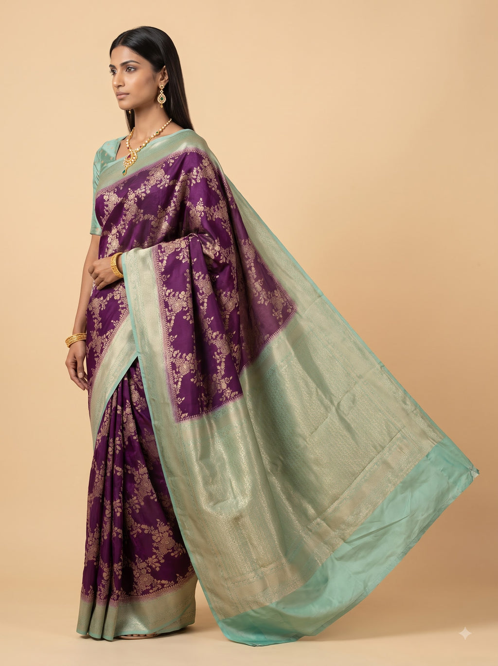 Deep Purple & Mint Green Tissue Saree With Floral Zari Weave with Contrast Border