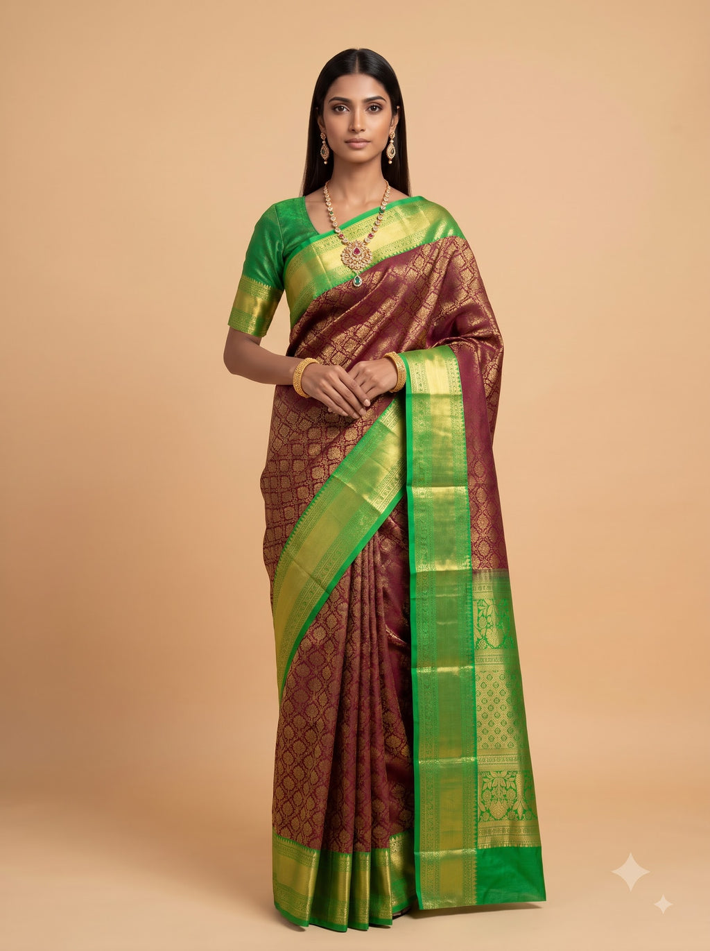 Bright Green and Dark Brown Gold Zari Woven Semi Silk Saree