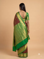 Bright Green and Dark Brown Gold Zari Woven Semi Silk Saree