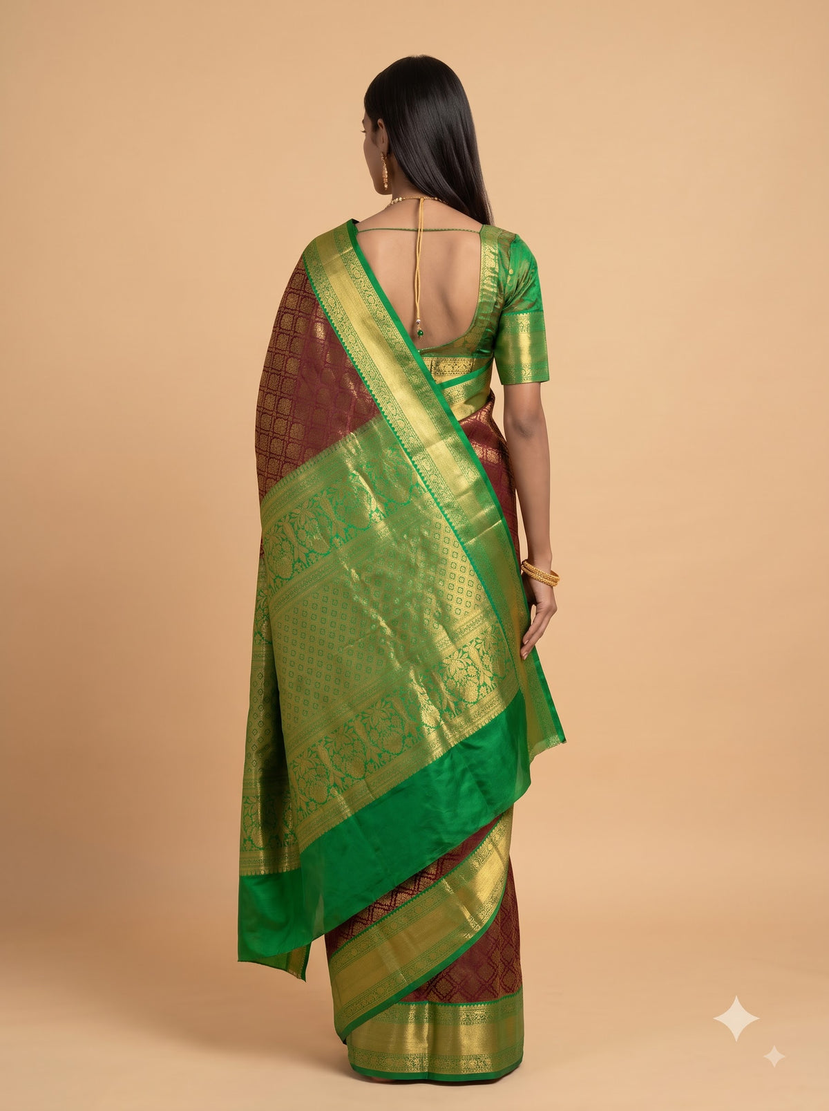 Bright Green and Dark Brown Gold Zari Woven Semi Silk Saree