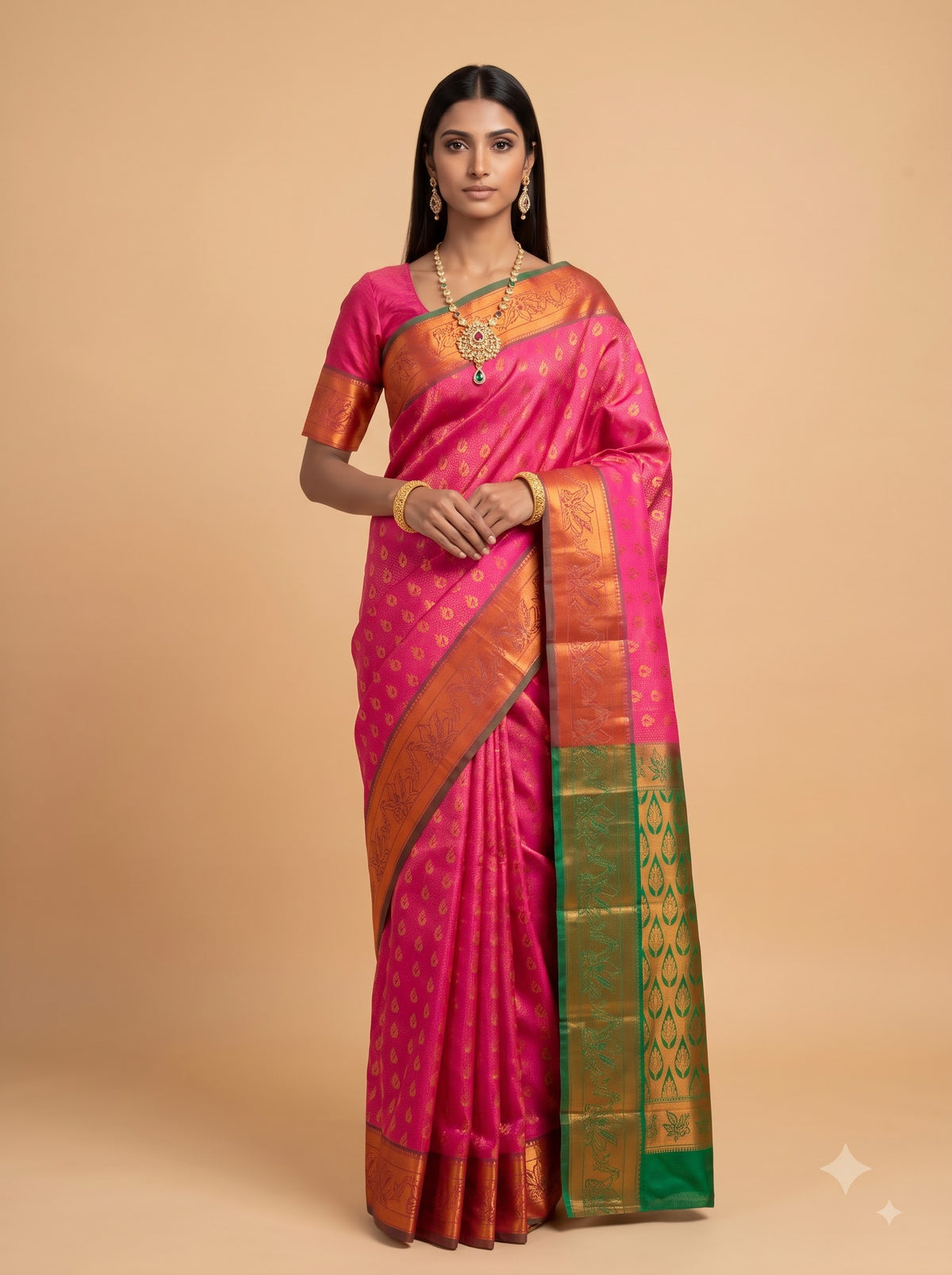 Pink and Green Gold Zari Woven Semi Silk Saree